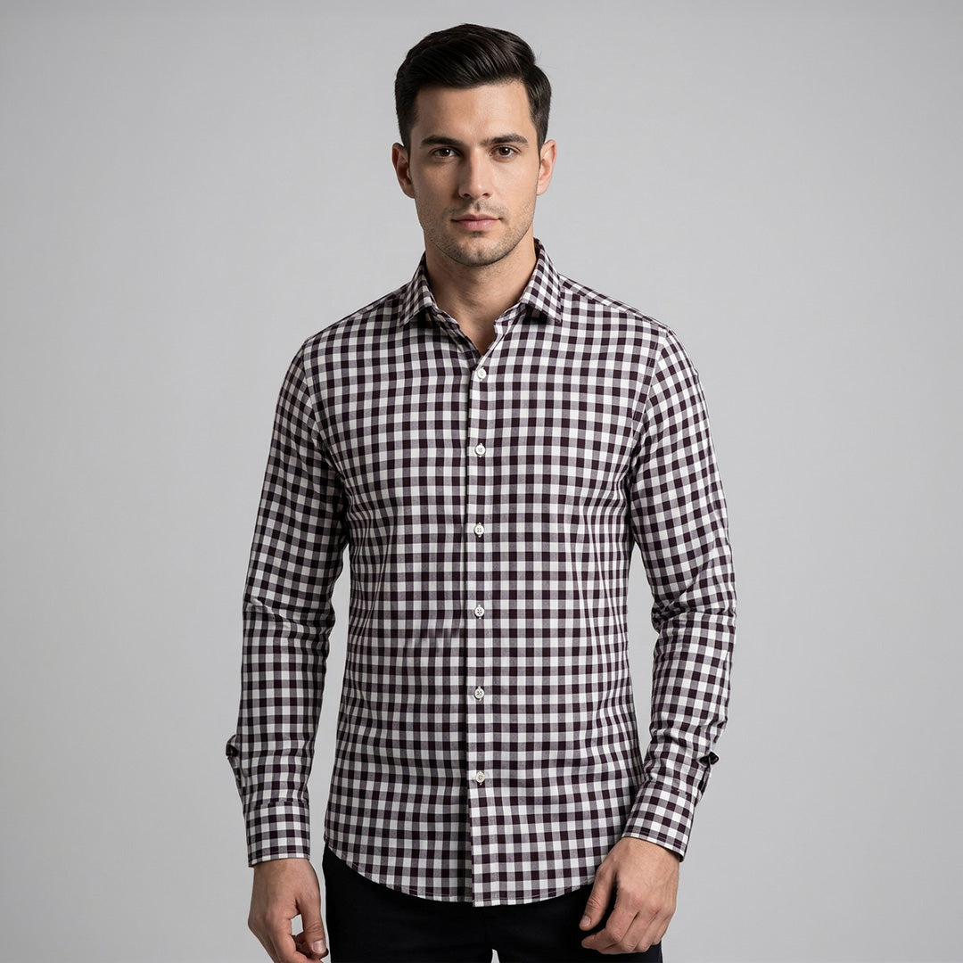 Classic Gingham Check Dress Shirt – Burgundy & White