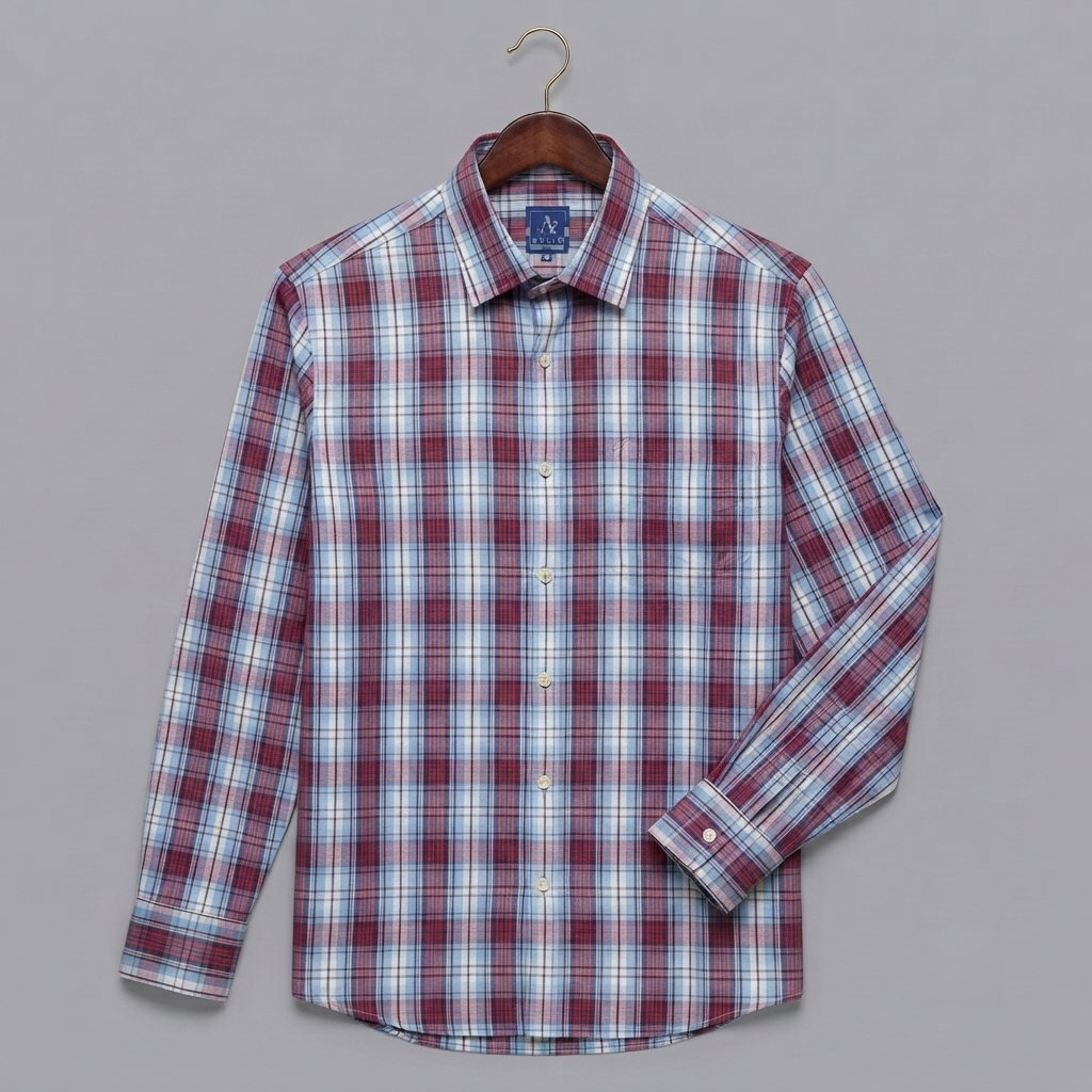 Light Blue, Red, and White Plaid Flannel Long-Sleeve Shirt