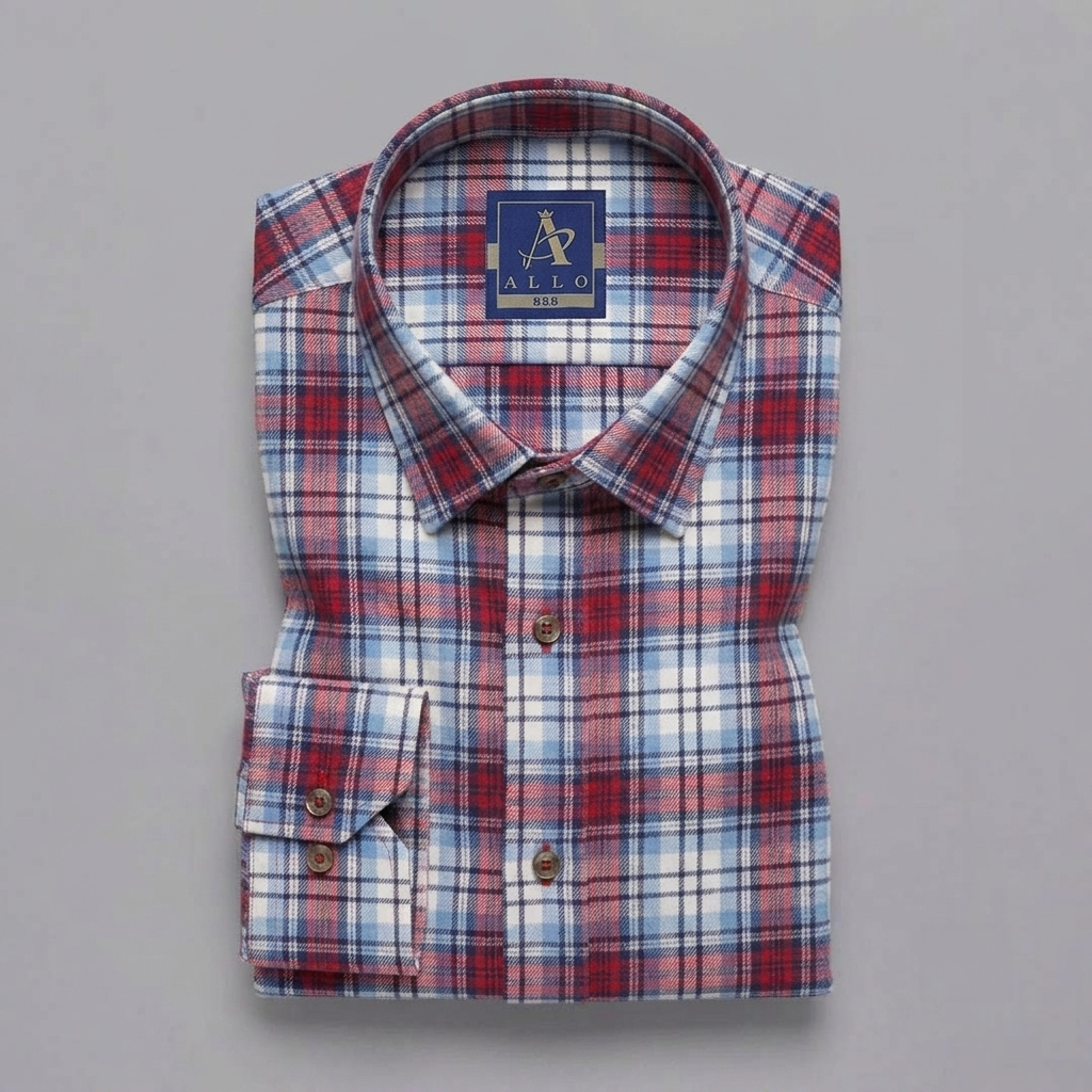 Light Blue, Red, and White Plaid Flannel Long-Sleeve Shirt