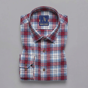 Light Blue, Red, and White Plaid Flannel Long-Sleeve Shirt