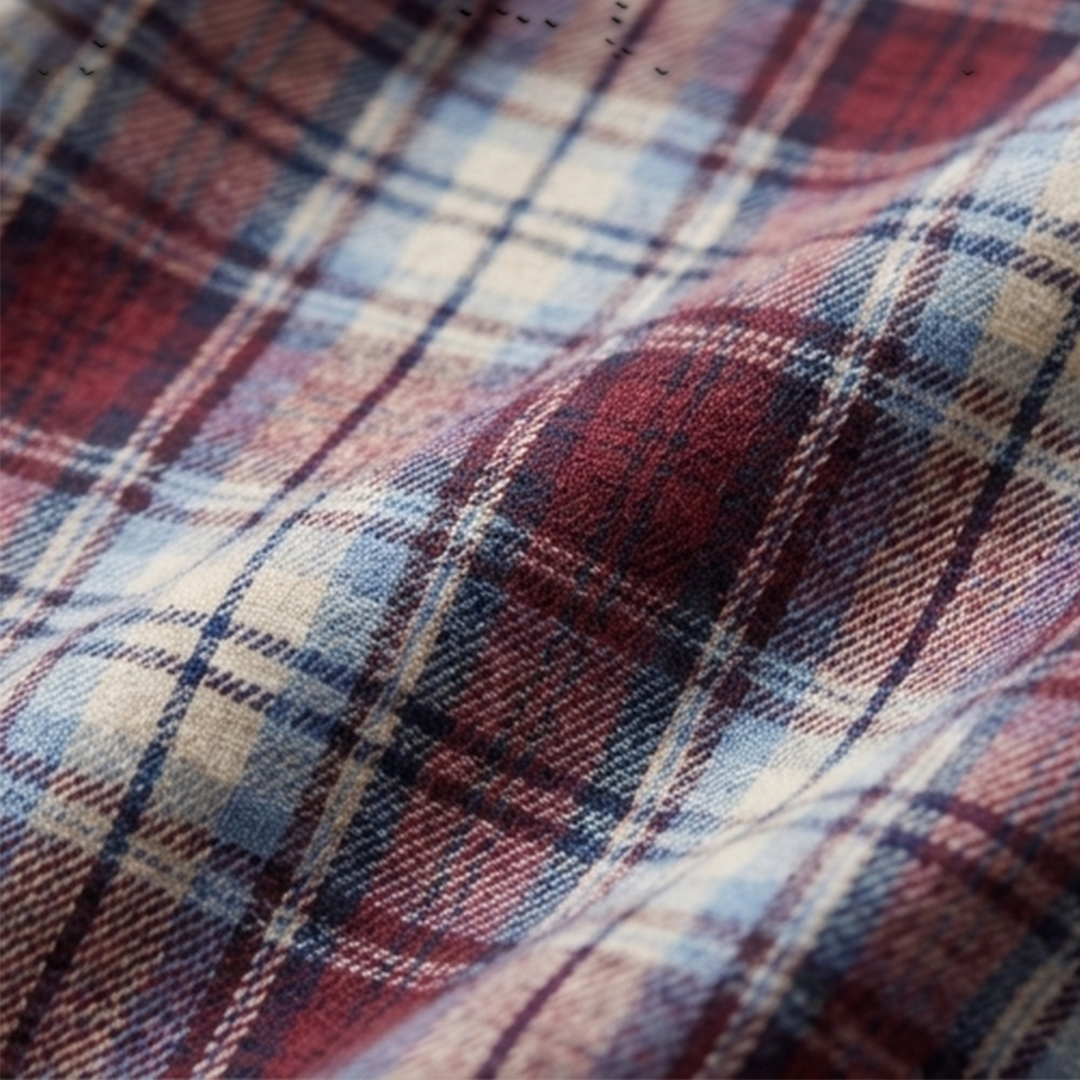 Light Blue, Red, and White Plaid Flannel Long-Sleeve Shirt