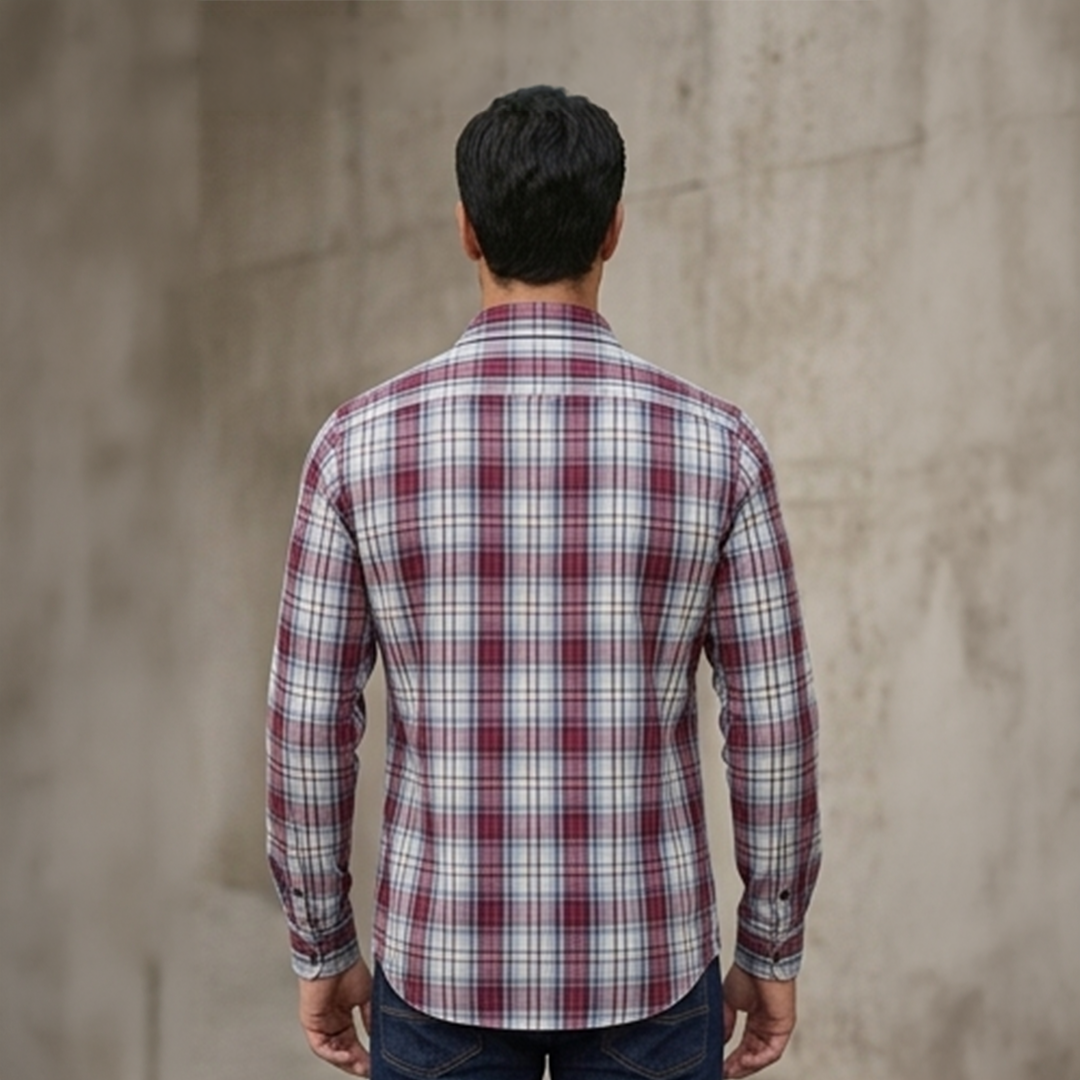 Light Blue, Red, and White Plaid Flannel Long-Sleeve Shirt