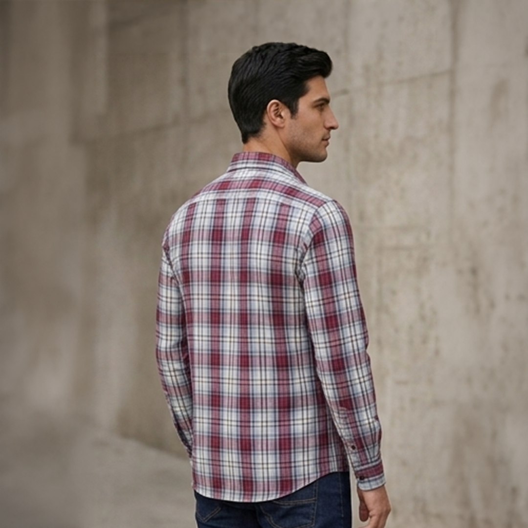 Light Blue, Red, and White Plaid Flannel Long-Sleeve Shirt