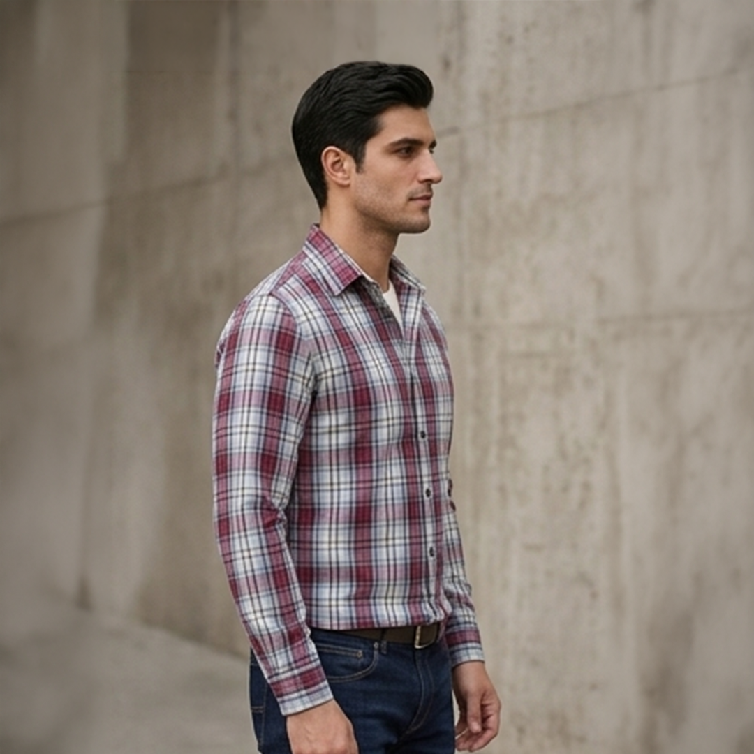 Light Blue, Red, and White Plaid Flannel Long-Sleeve Shirt