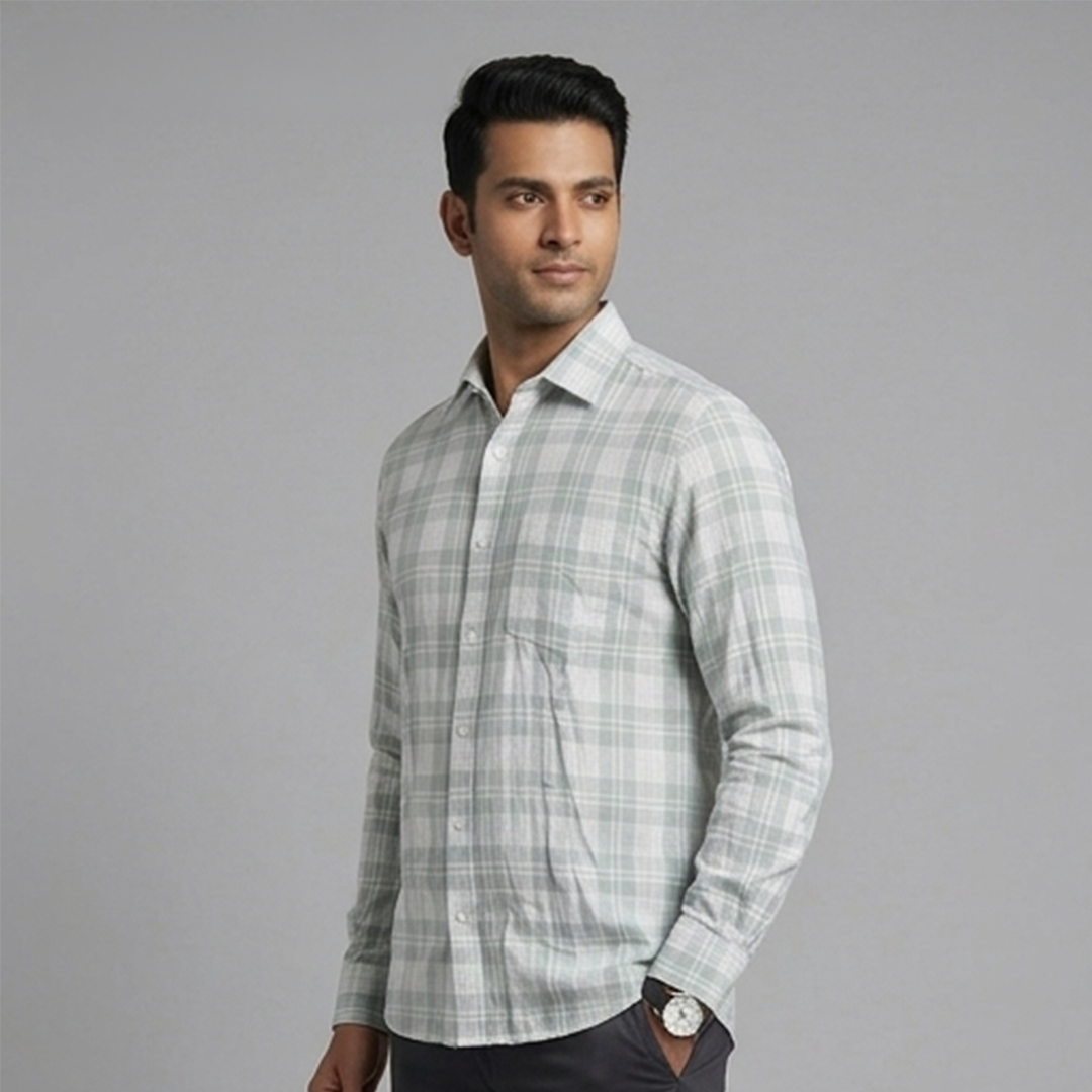 Sage Green & White Plaid Check Long-Sleeve Shirt