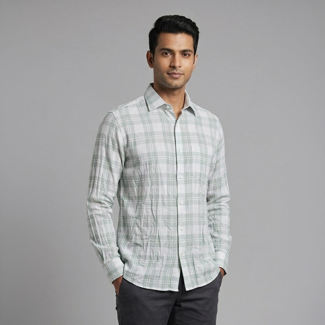 Sage Green & White Plaid Check Long-Sleeve Shirt