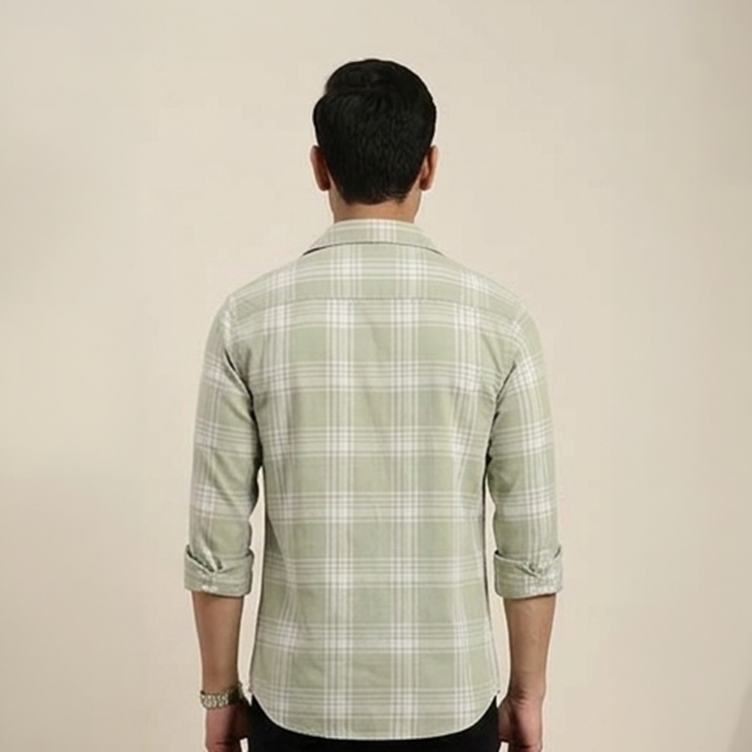 Sage Green & White Grid Plaid Long-Sleeve Shirt
