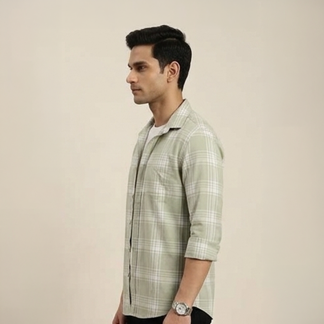 Sage Green & White Grid Plaid Long-Sleeve Shirt