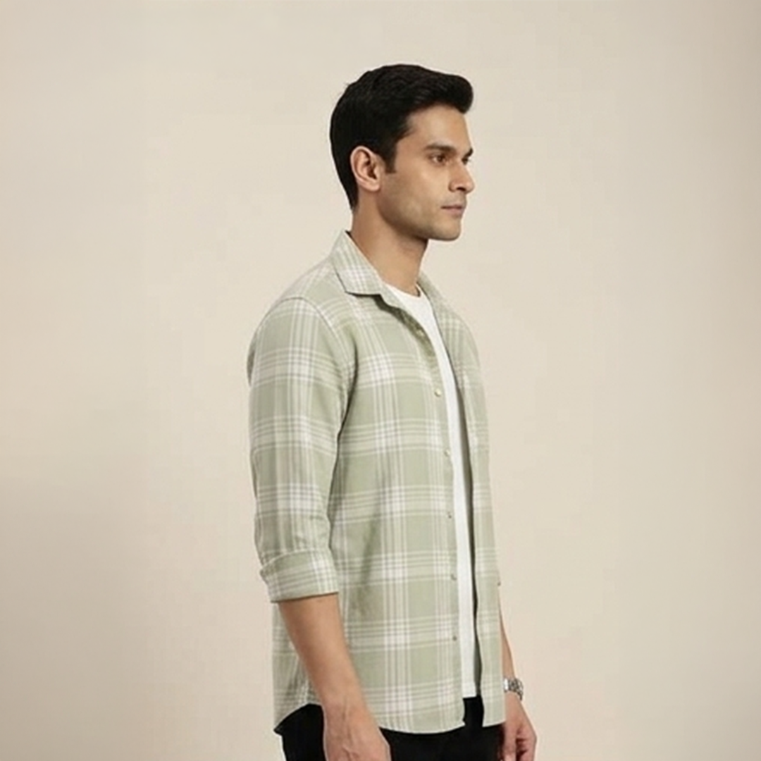 Sage Green & White Grid Plaid Long-Sleeve Shirt