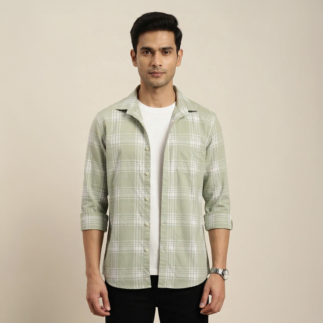 Sage Green & White Grid Plaid Long-Sleeve Shirt