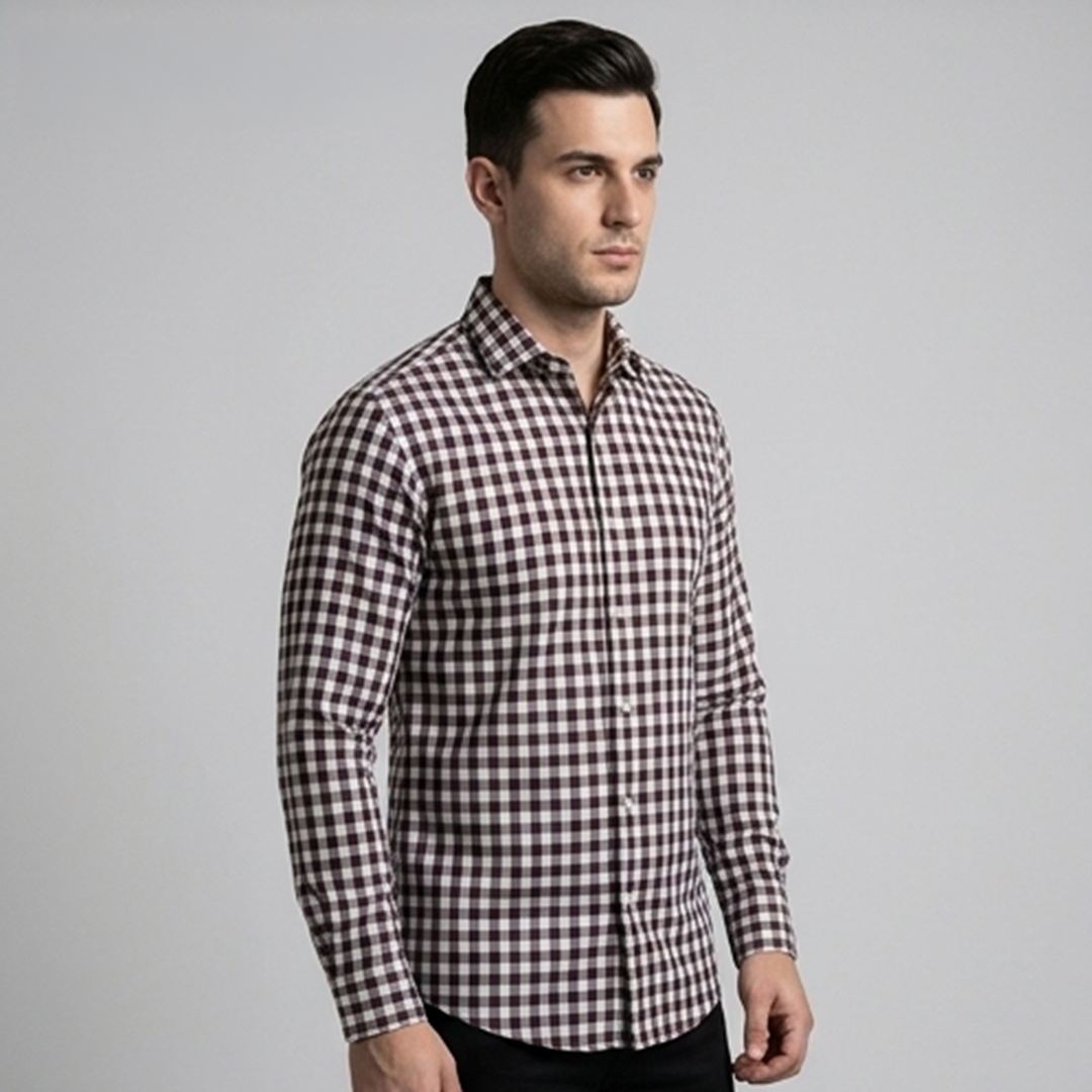 Classic Gingham Check Dress Shirt – Burgundy & White