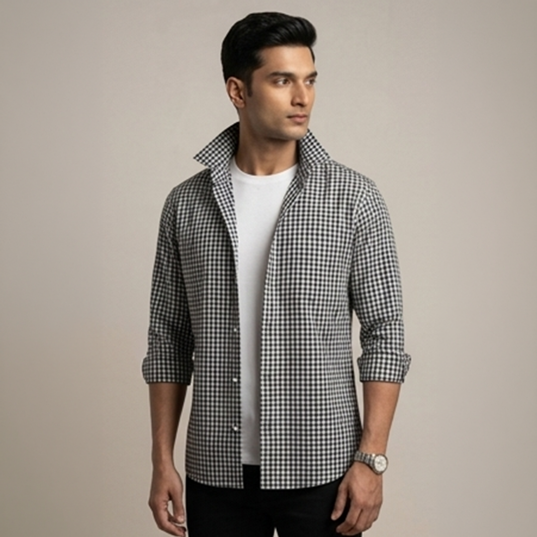 Men’s Black & White Gingham Check Casual Shirt