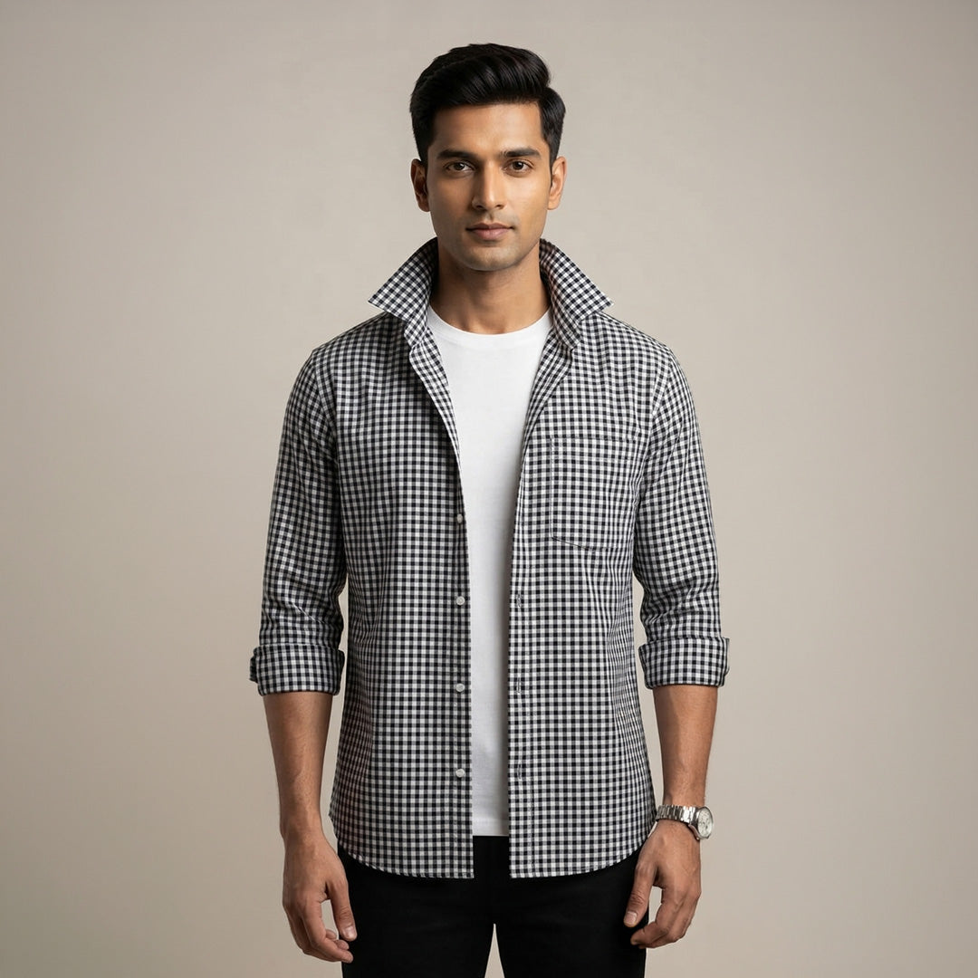 Men’s Black & White Gingham Check Casual Shirt
