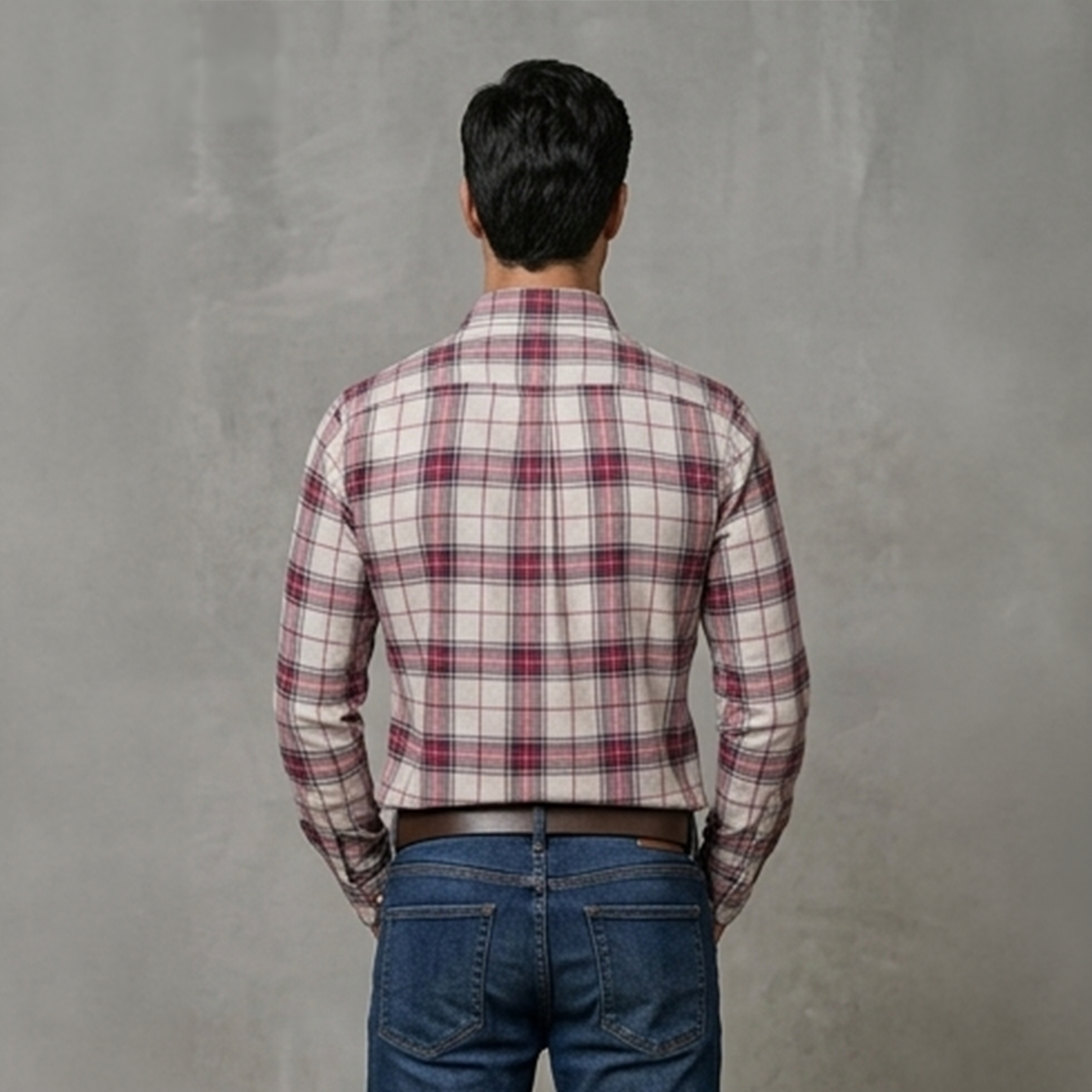 Off-White, Red, and Navy Plaid Flannel Long-Sleeve Shirt