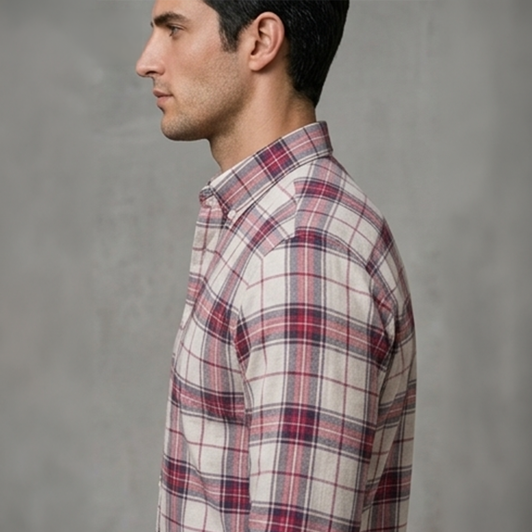 Off-White, Red, and Navy Plaid Flannel Long-Sleeve Shirt