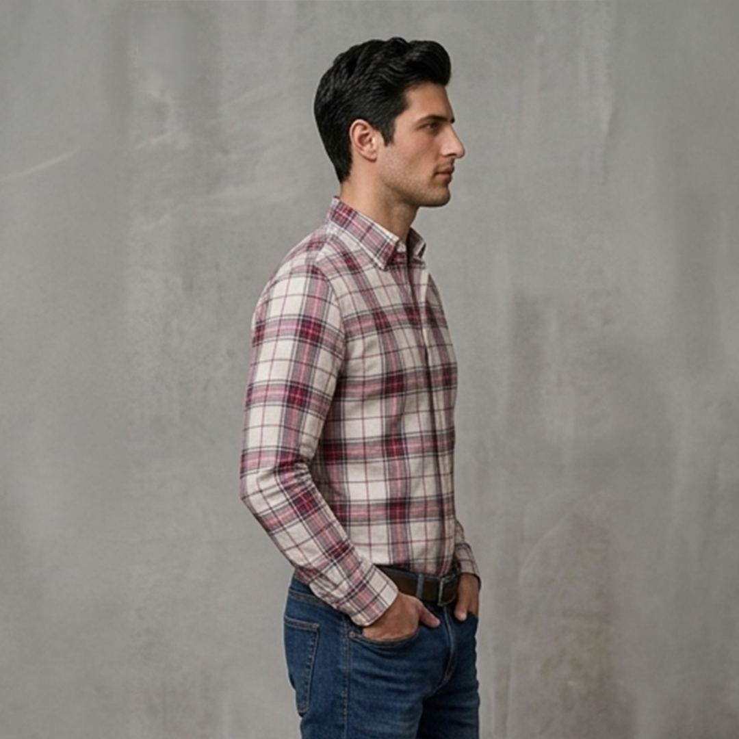 Off-White, Red, and Navy Plaid Flannel Long-Sleeve Shirt