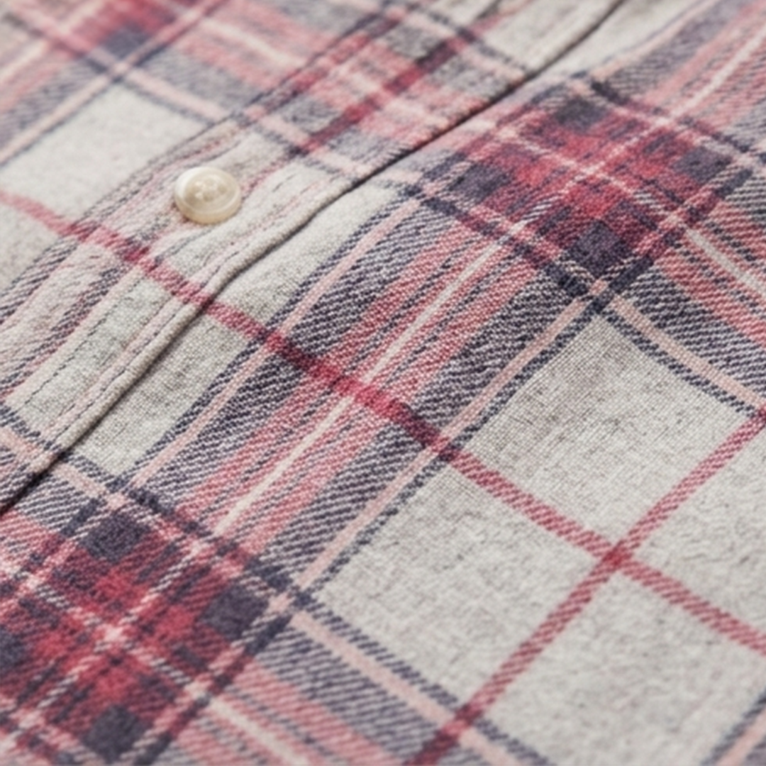 Off-White, Red, and Navy Plaid Flannel Long-Sleeve Shirt