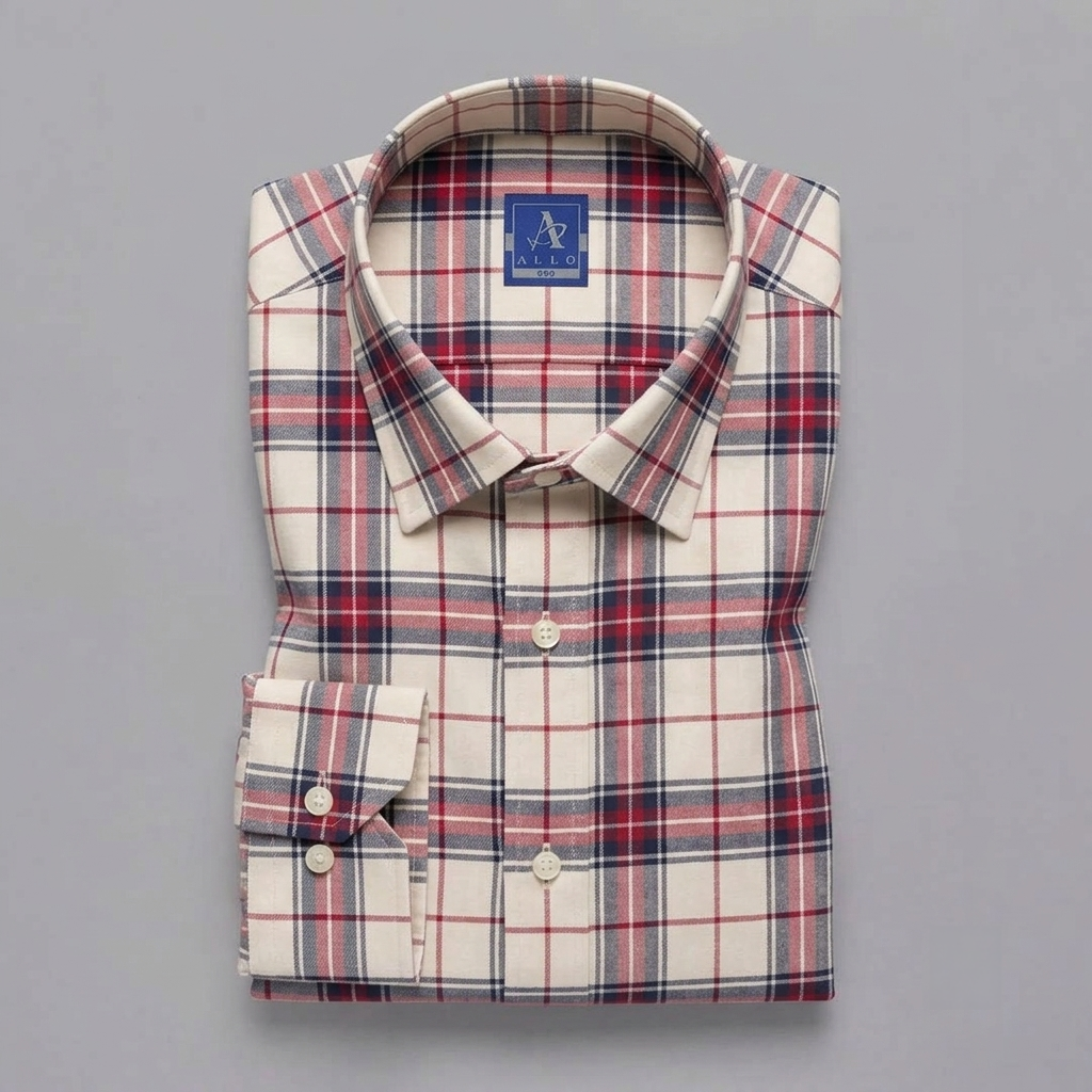 Off-White, Red, and Navy Plaid Flannel Long-Sleeve Shirt