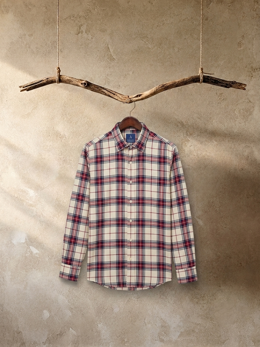Off-White, Red, and Navy Plaid Flannel Long-Sleeve Shirt