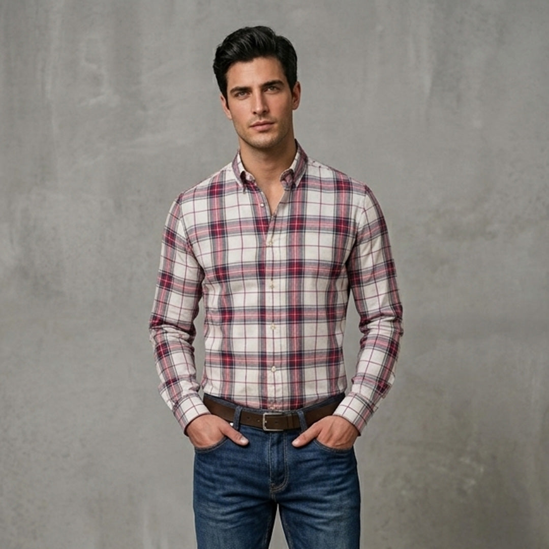 Off-White, Red, and Navy Plaid Flannel Long-Sleeve Shirt