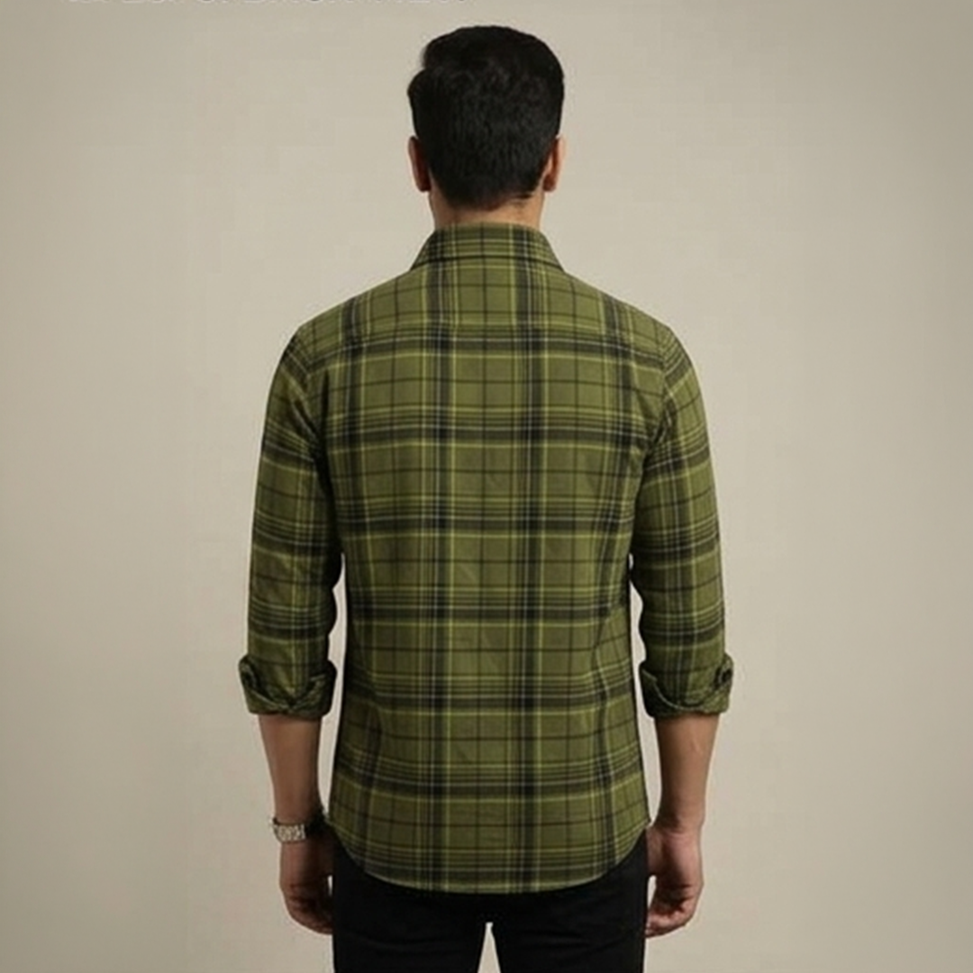 Olive Green & Dark Plaid Flannel Long-Sleeve Shirt