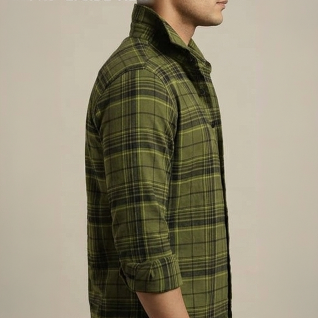 Olive Green & Dark Plaid Flannel Long-Sleeve Shirt