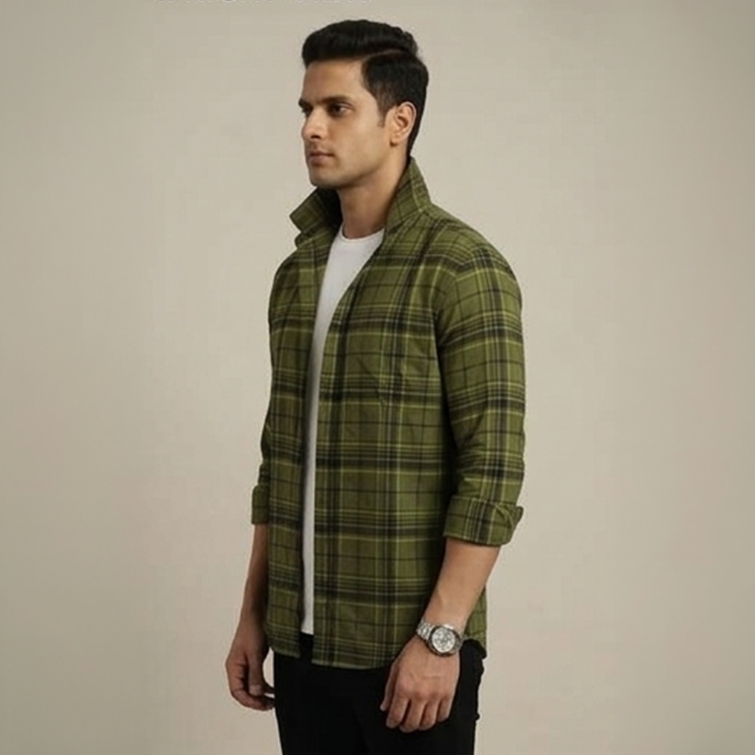 Olive Green & Dark Plaid Flannel Long-Sleeve Shirt
