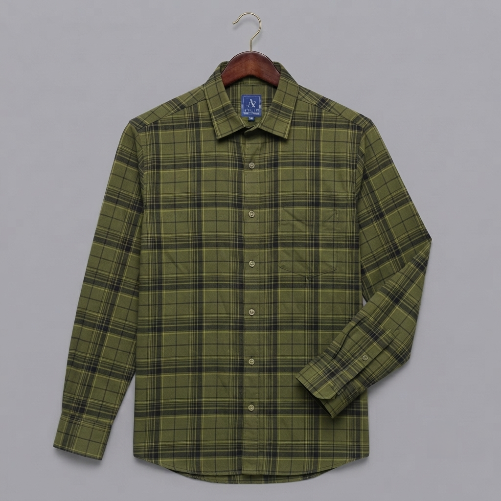 Olive Green & Dark Plaid Flannel Long-Sleeve Shirt