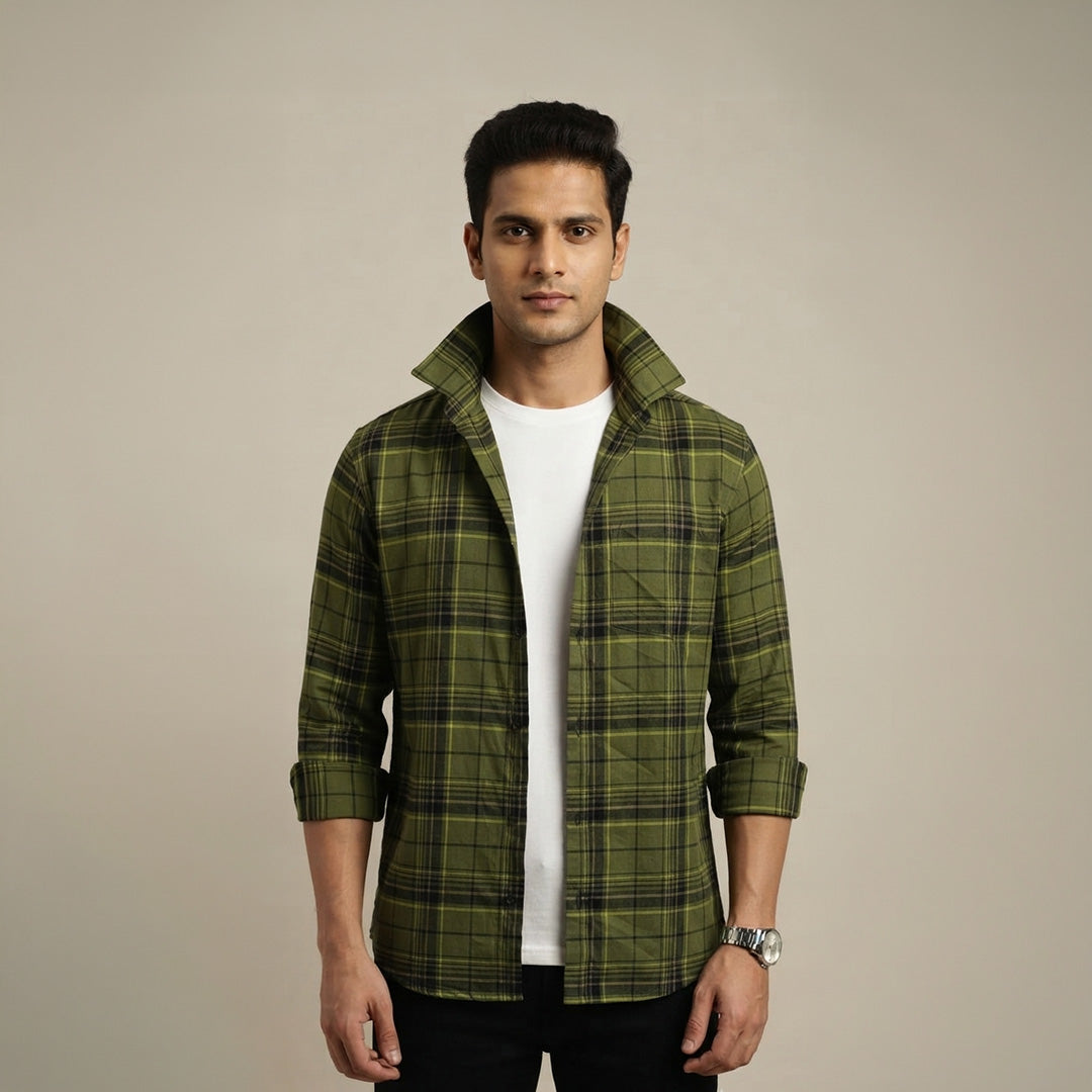Olive Green & Dark Plaid Flannel Long-Sleeve Shirt