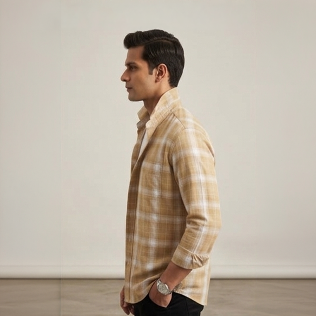 Ochre Yellow & White Grid Plaid Long-Sleeve Shirt