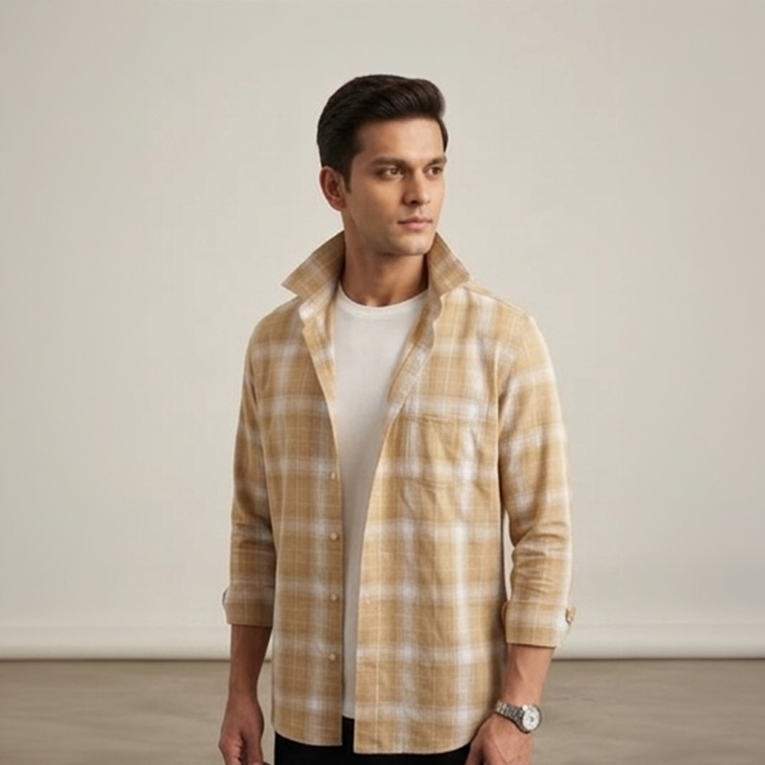Ochre Yellow & White Grid Plaid Long-Sleeve Shirt