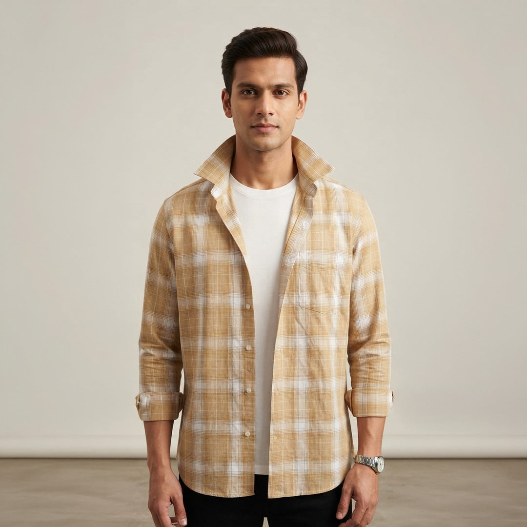Ochre Yellow & White Grid Plaid Long-Sleeve Shirt