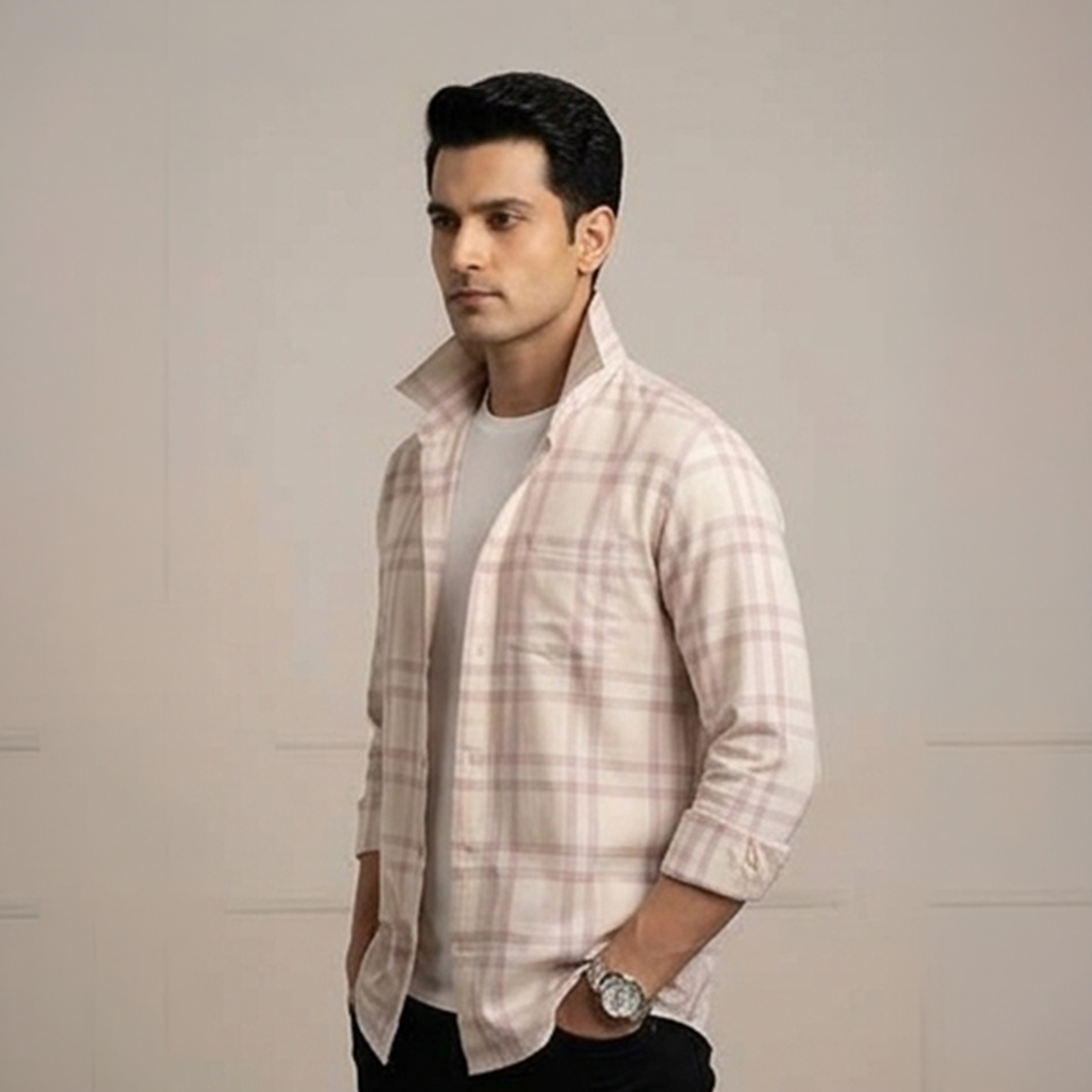 Classic Plaid Dress Shirt – Cream & Mauve / Dusty Pink
