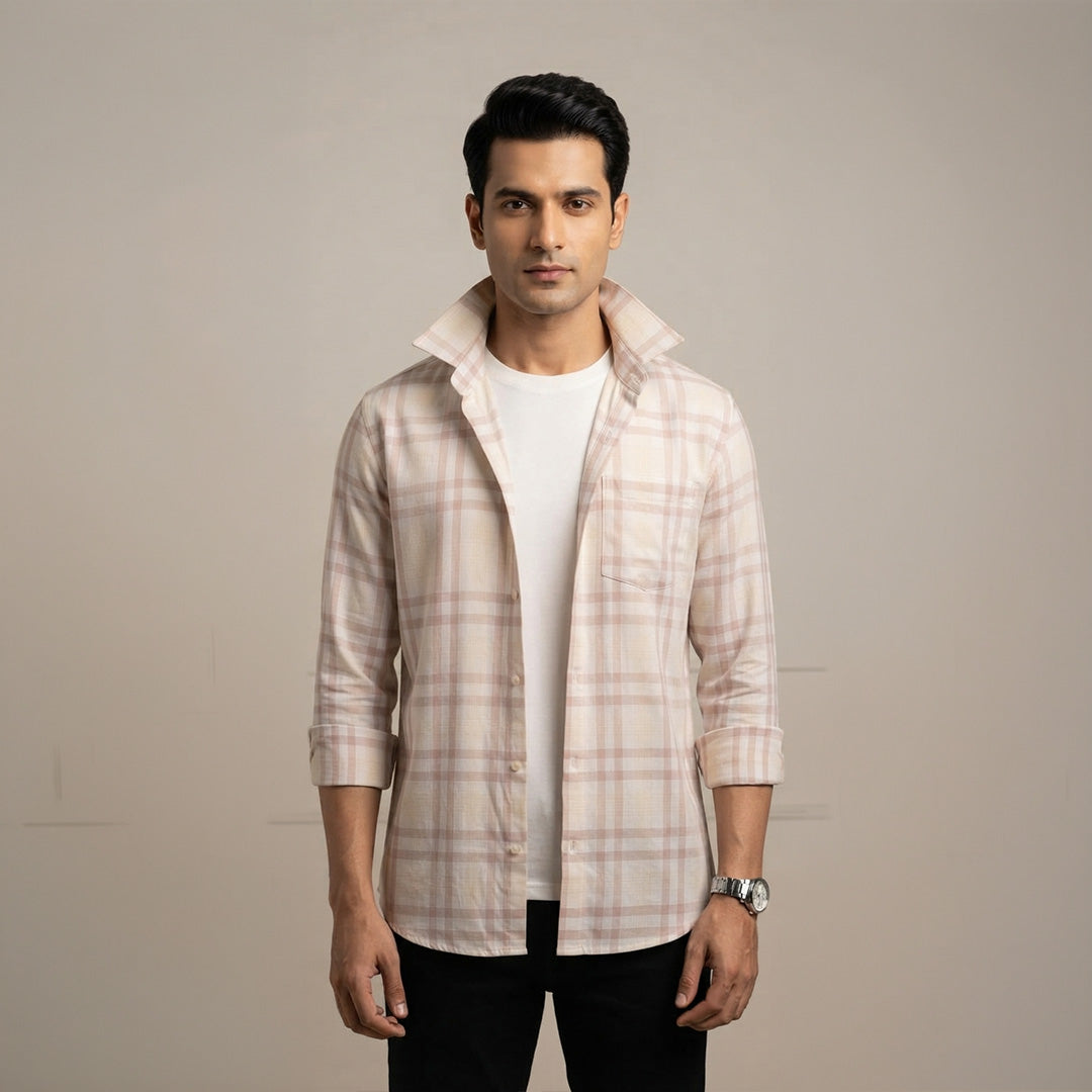 Classic Plaid Dress Shirt – Cream & Mauve / Dusty Pink