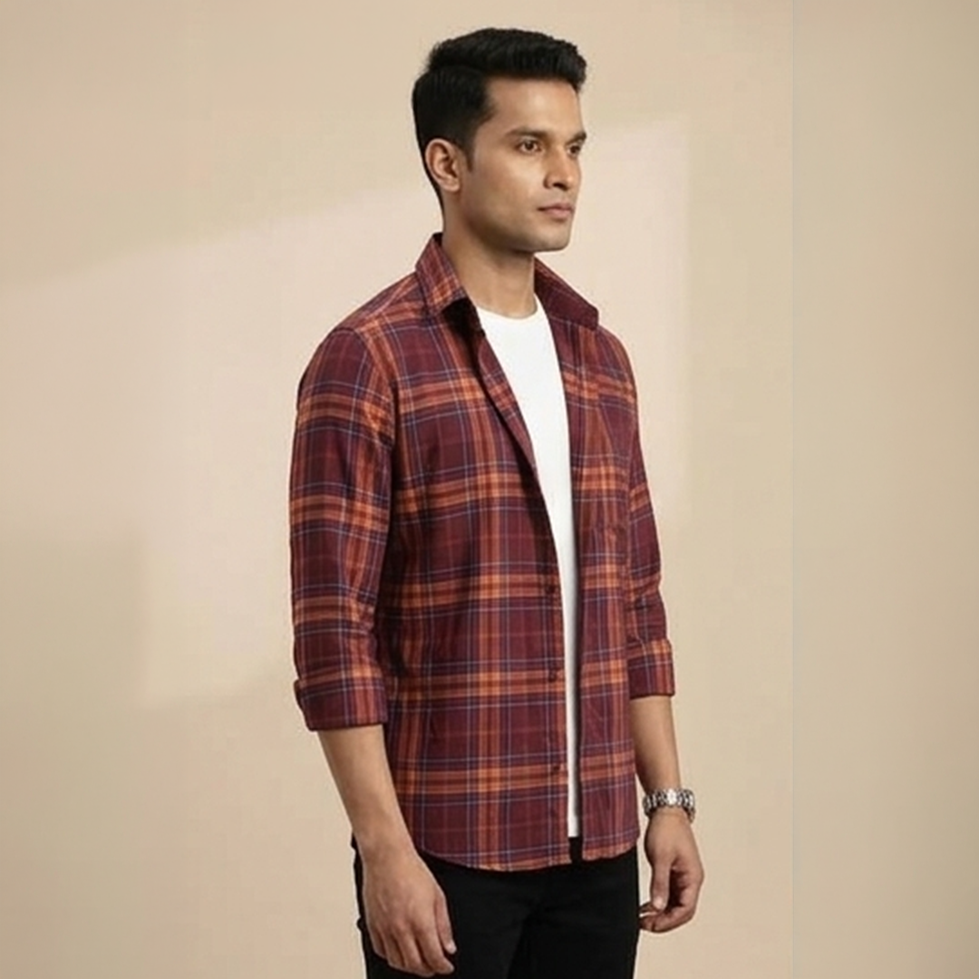 Rust Brown & Burnt Orange Plaid Flannel Long-Sleeve Shirt