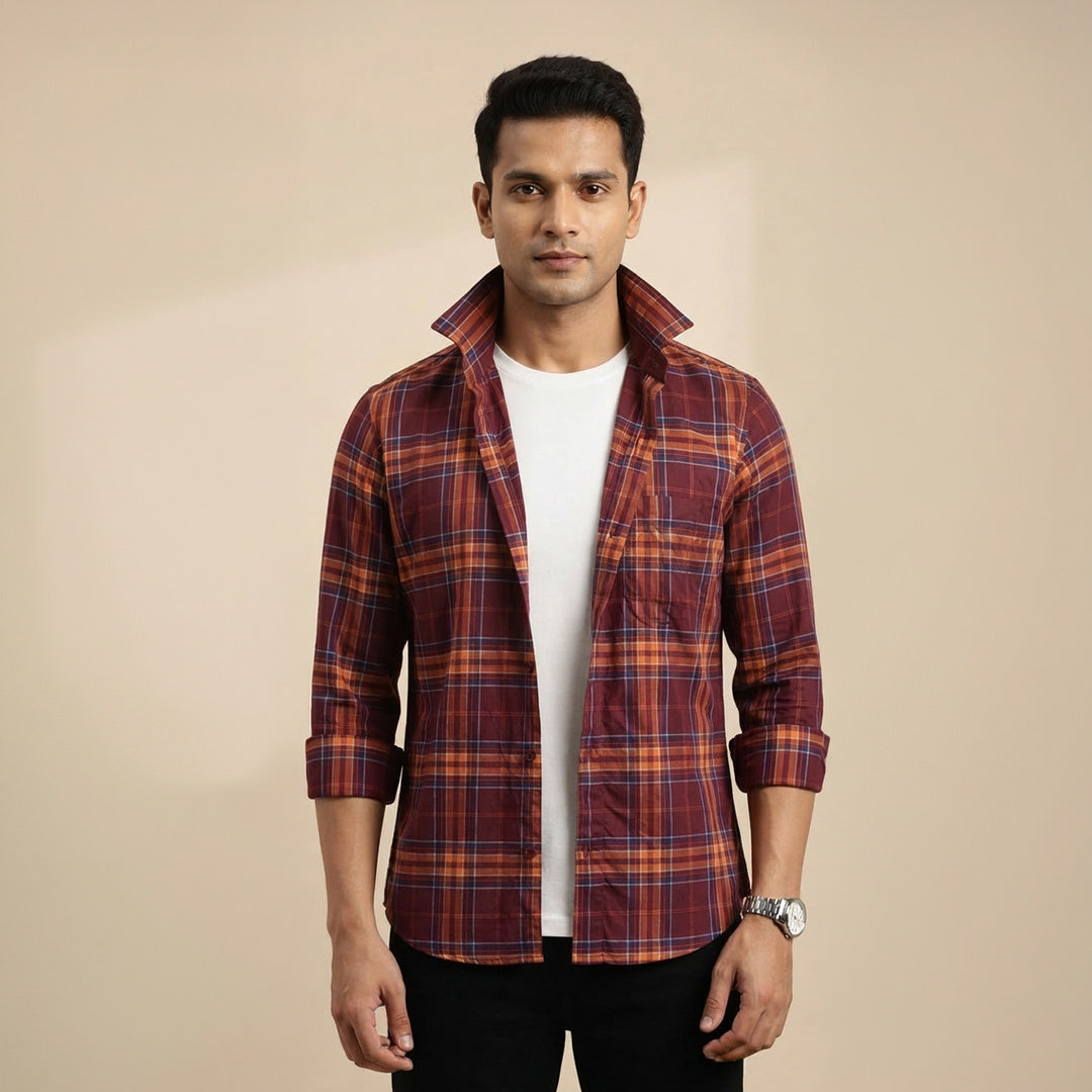 Rust Brown & Burnt Orange Plaid Flannel Long-Sleeve Shirt