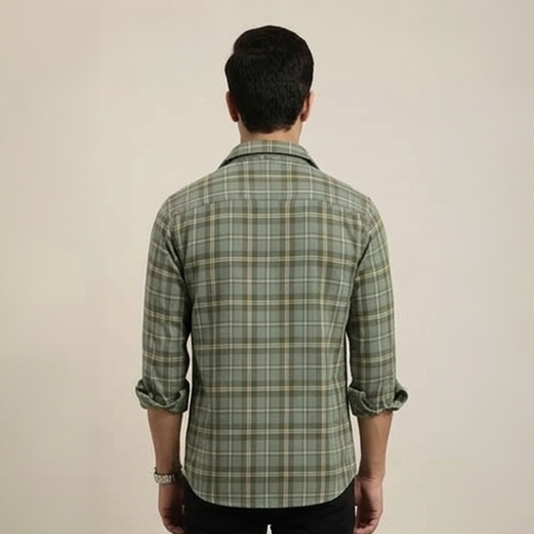 Sage Green & Off-White Plaid Flannel Long-Sleeve Shir