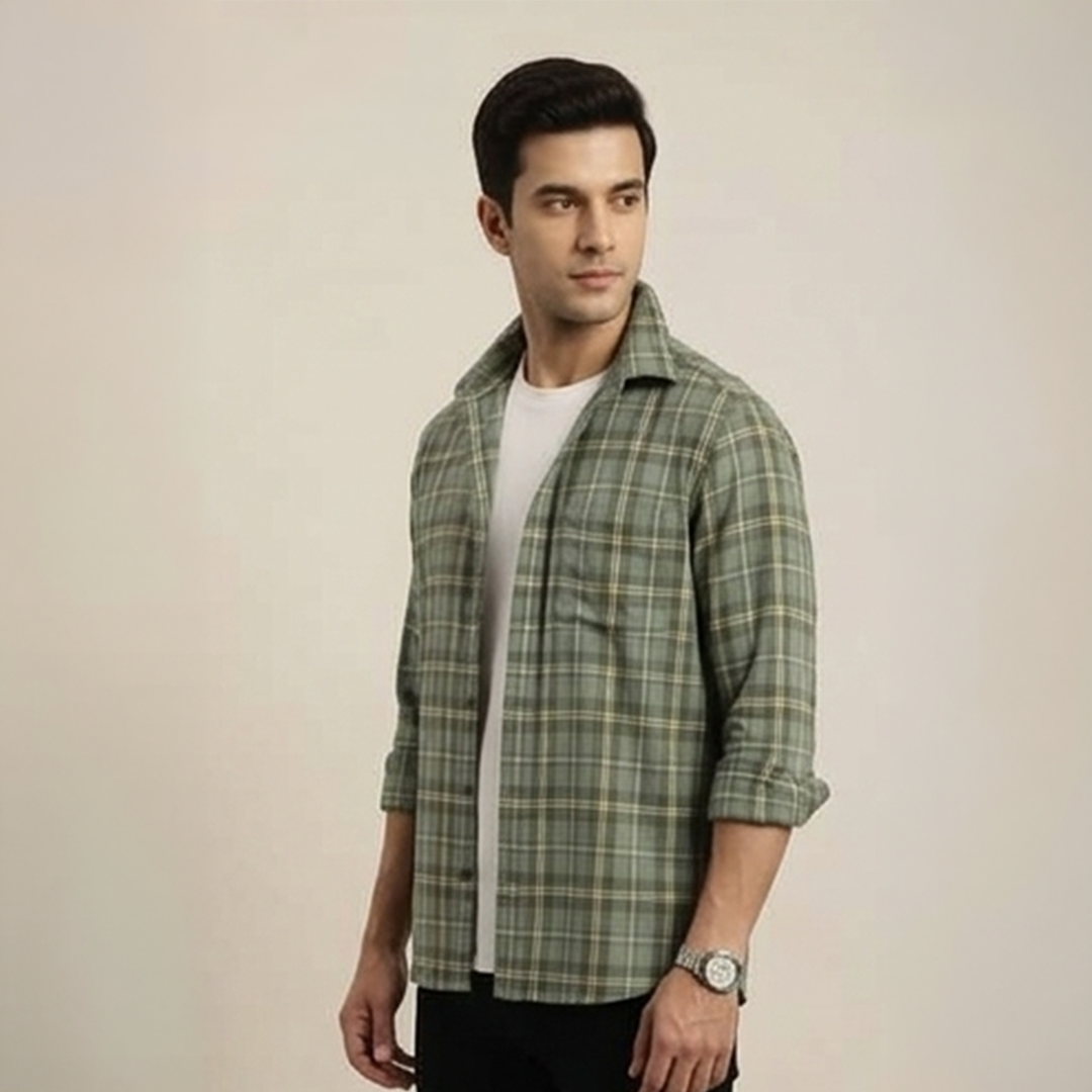 Sage Green & Off-White Plaid Flannel Long-Sleeve Shir