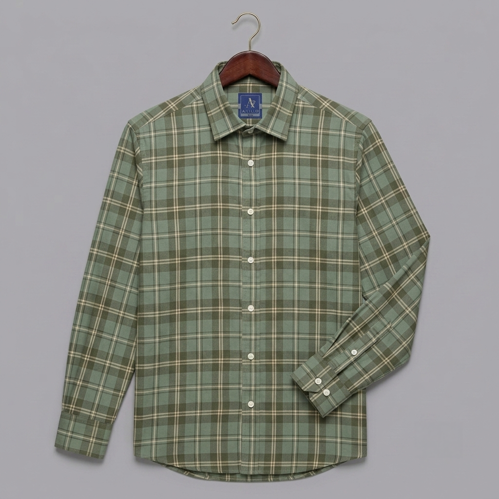 Sage Green & Off-White Plaid Flannel Long-Sleeve Shir