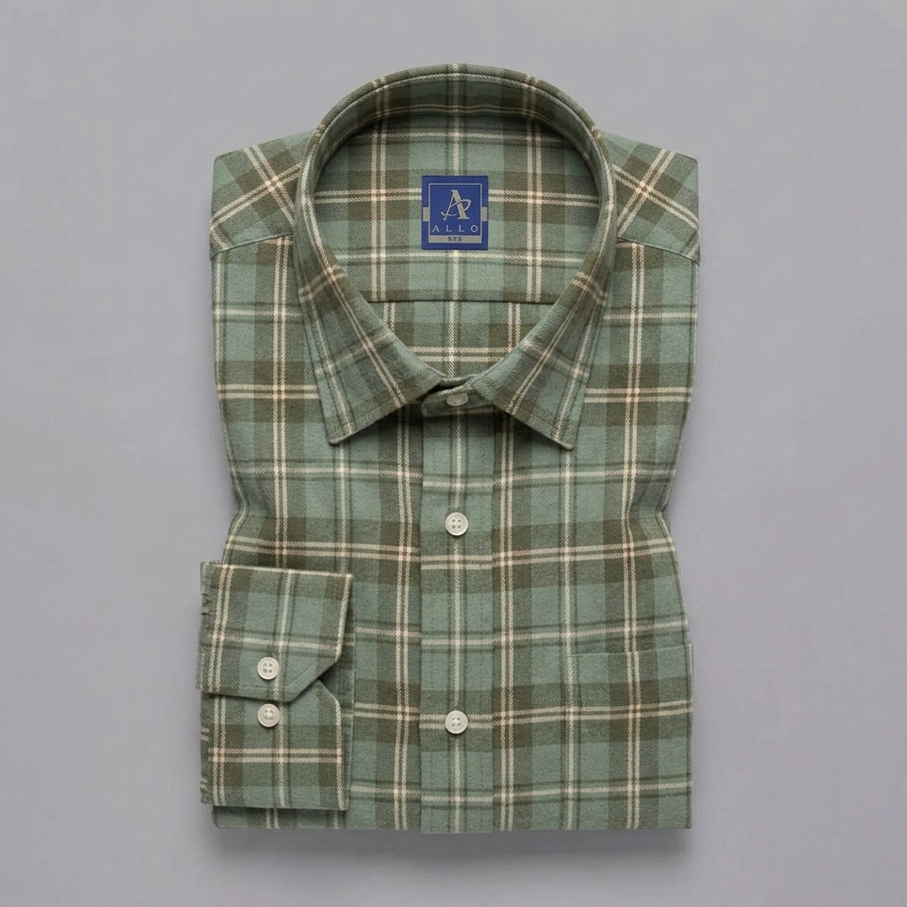 Sage Green & Off-White Plaid Flannel Long-Sleeve Shir