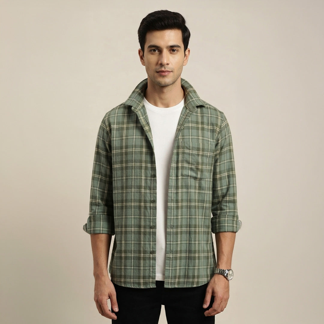 Sage Green & Off-White Plaid Flannel Long-Sleeve Shir