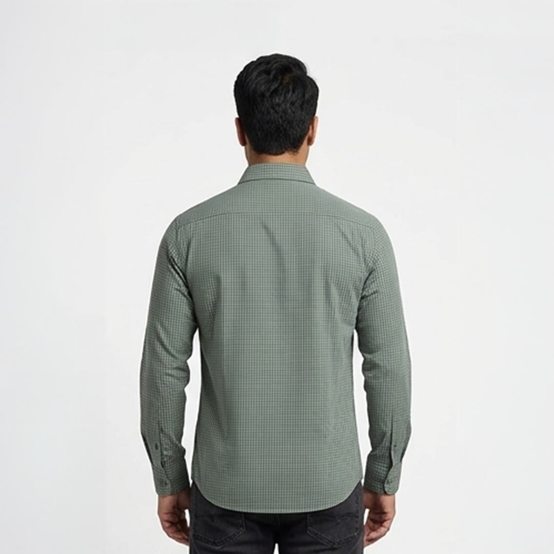 Sage Green & Dark Green Micro-Check Long-Sleeve Shirt