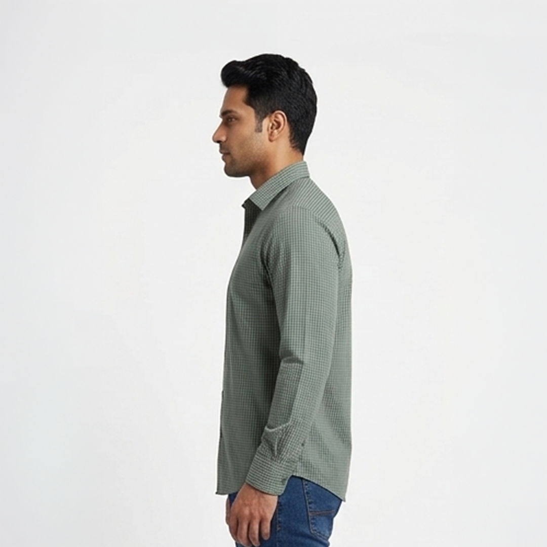 Sage Green & Dark Green Micro-Check Long-Sleeve Shirt