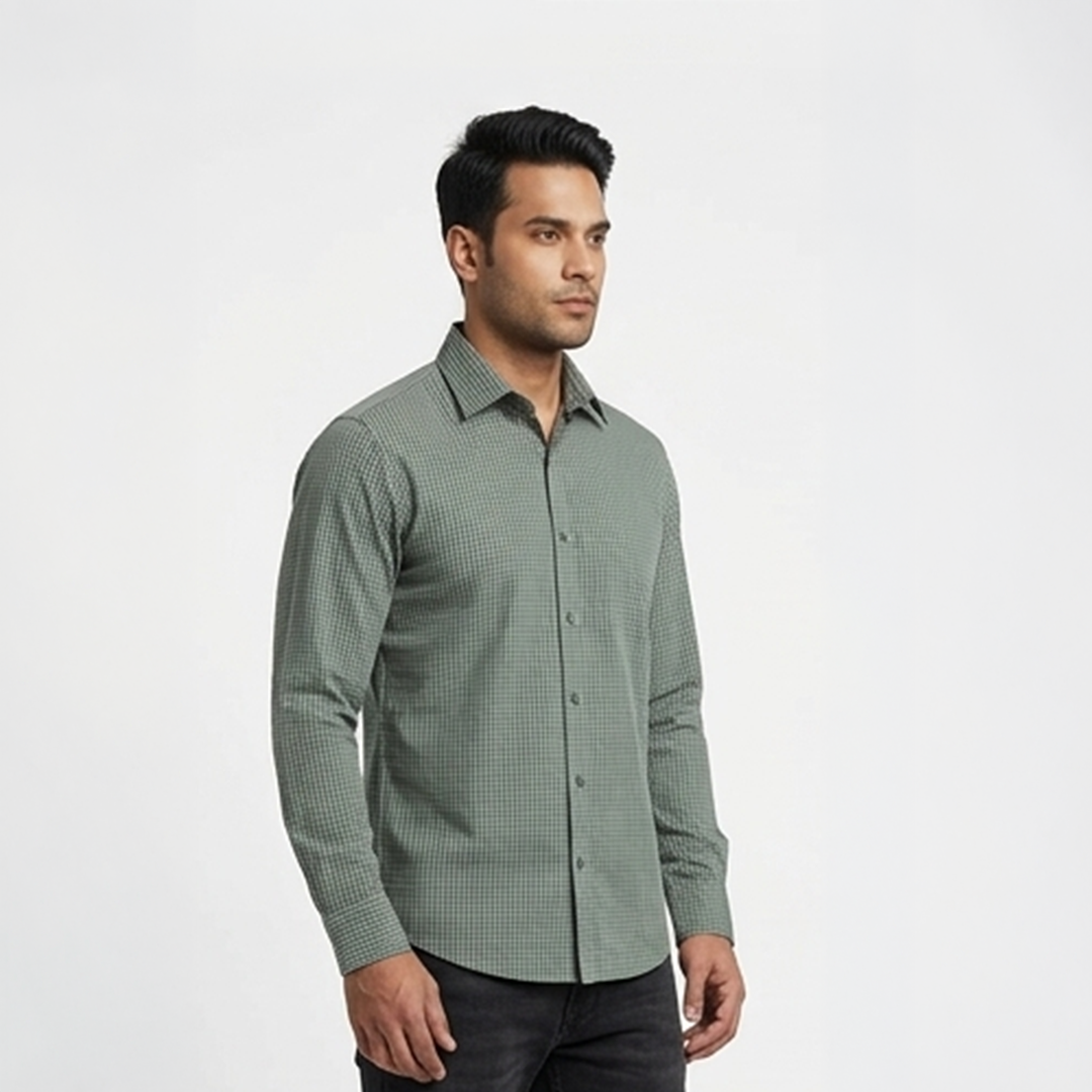 Sage Green & Dark Green Micro-Check Long-Sleeve Shirt