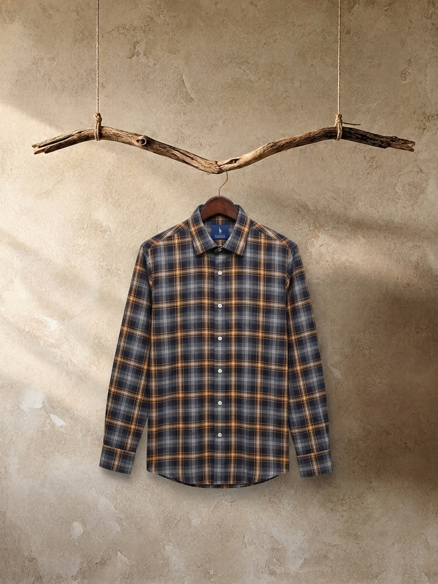 Navy Blue & Mustard Gold Plaid Flannel Long-Sleeve Shirt