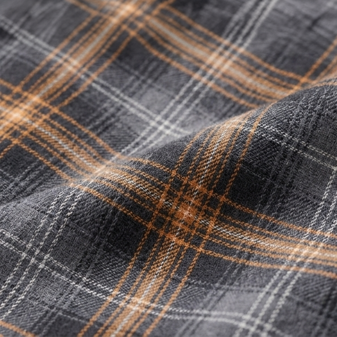 Navy Blue & Mustard Gold Plaid Flannel Long-Sleeve Shirt