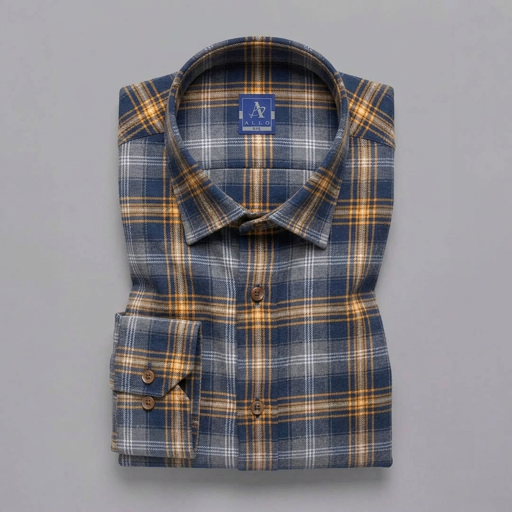 Navy Blue & Mustard Gold Plaid Flannel Long-Sleeve Shirt