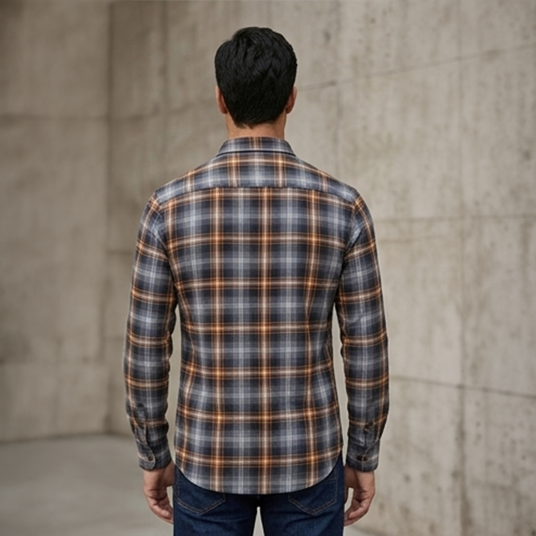 Navy Blue & Mustard Gold Plaid Flannel Long-Sleeve Shirt