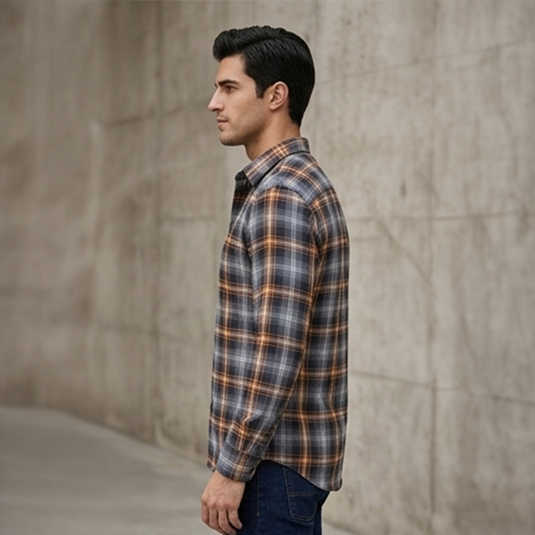 Navy Blue & Mustard Gold Plaid Flannel Long-Sleeve Shirt