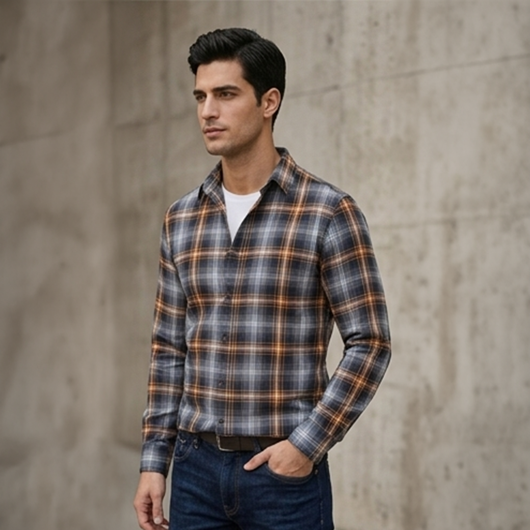 Navy Blue & Mustard Gold Plaid Flannel Long-Sleeve Shirt